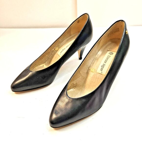 Etienne Aigner Blue Leather Pointed Toe Kitten Heel Pumps Women's Size 5 Heels - Picture 1 of 10